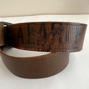 American Eagle Outfitters Mens Leather Belt Sz 32 Brown Logo Embossed Distressed